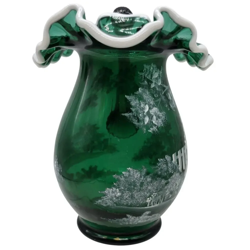Fenton Glass Emerald Mary Gregory Snow Crest Pitcher SIGNED T KELLEY